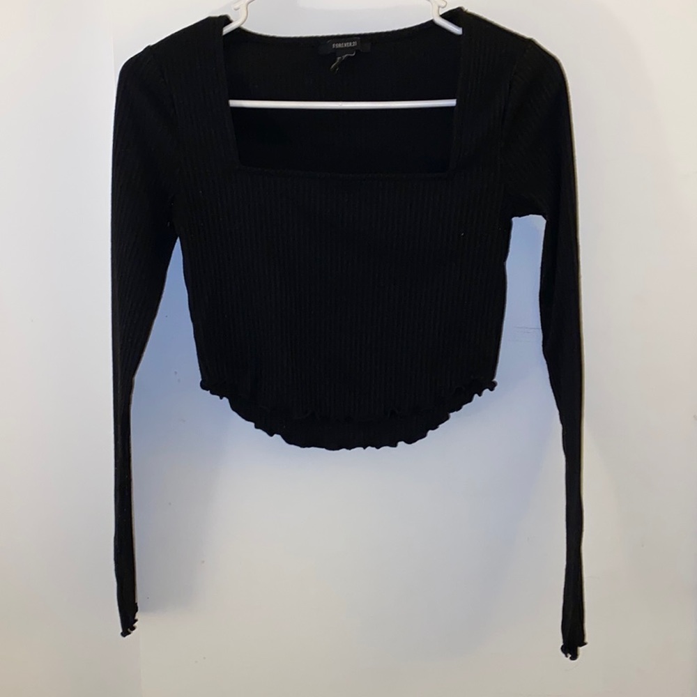 Forever 21 Square Neck Long Sleeve Crop Black S Small